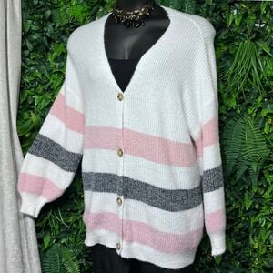 Chunky Knit Cardigan 2XL White Pink Gray Stripe V Neck Button Front Cozy 3406